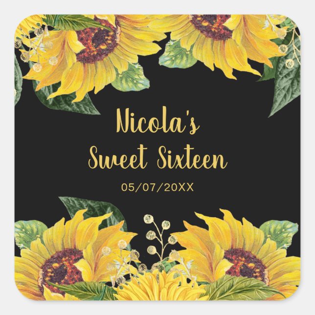 Elegant Sunflowers and Foliage Sweet Sixteen Quadratischer Aufkleber (Vorderseite)