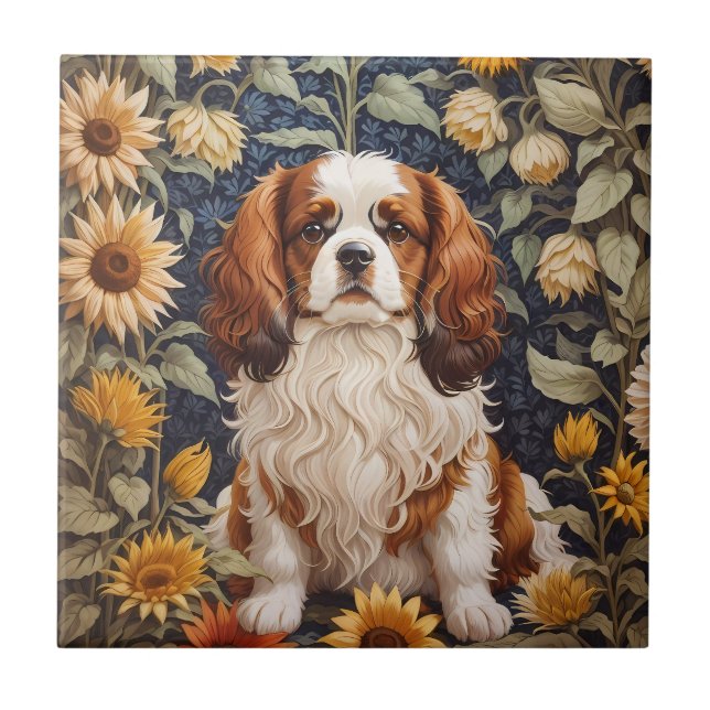 Elegant Sunflowers Cavalier King Charles Spaniel Fliese (Vorderseite)