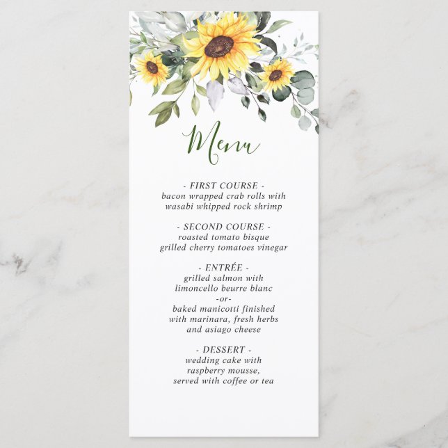Elegant Sunflowers Eukalyptus Greenerity Wedding Menükarte (Vorderseite)