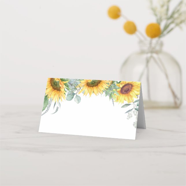 Elegant Sunflowers Eukalyptus Greenerity Wedding Platzkarte (Vorderseite)