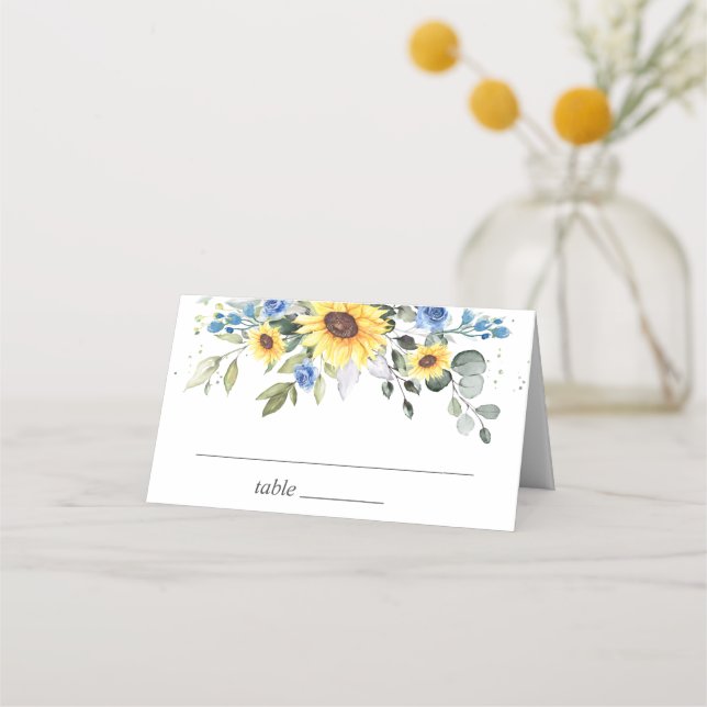 Elegant Sunflowers Eukalyptus Greenerity Wedding Platzkarte (Vorderseite)