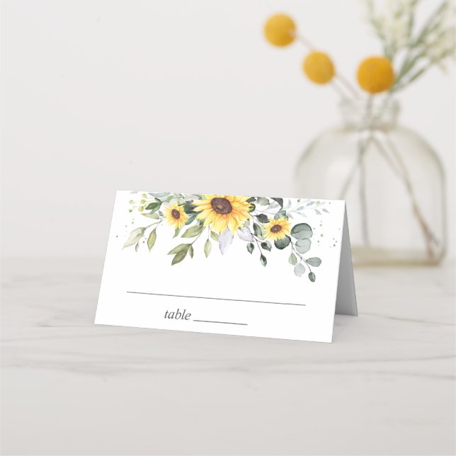 Elegant Sunflowers Eukalyptus Greenerity Wedding Platzkarte (Vorderseite)