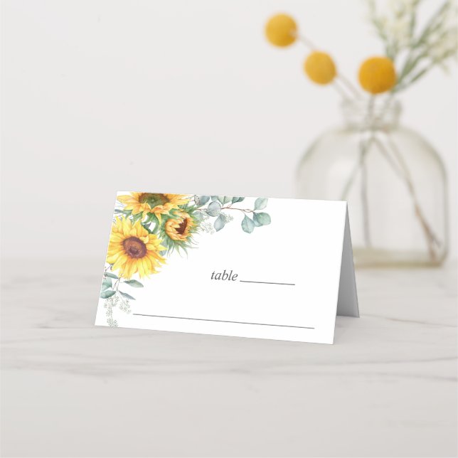 Elegant Sunflowers Eukalyptus Greenerity Wedding Platzkarte (Vorderseite)