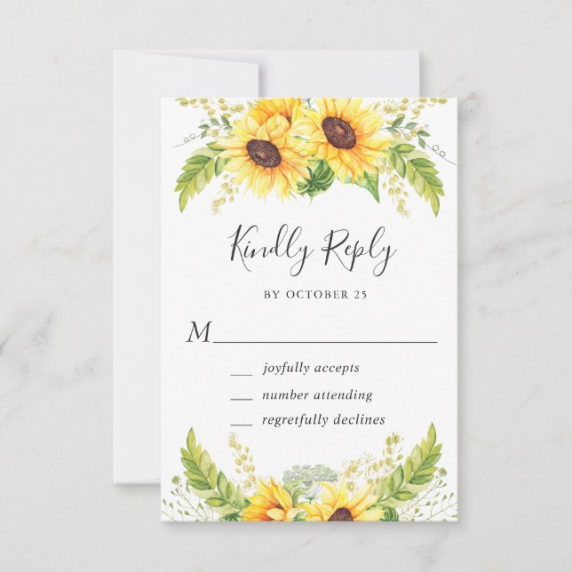 Elegant Sunflowers Eukalyptus Greenerity Wedding RSVP Karte (Vorderseite)