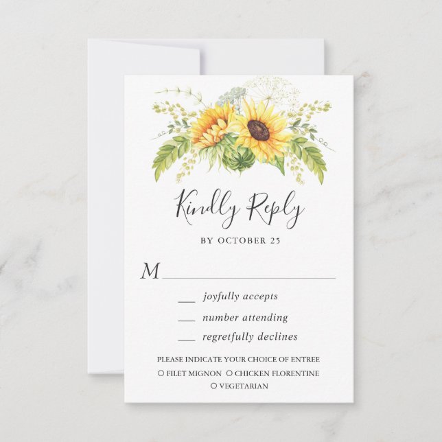 Elegant Sunflowers Eukalyptus Greenerity Wedding RSVP Karte (Vorderseite)