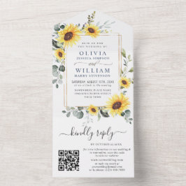 Elegant Sunflowers Eukalyptus Greenery Wedding QR All In One Einladung