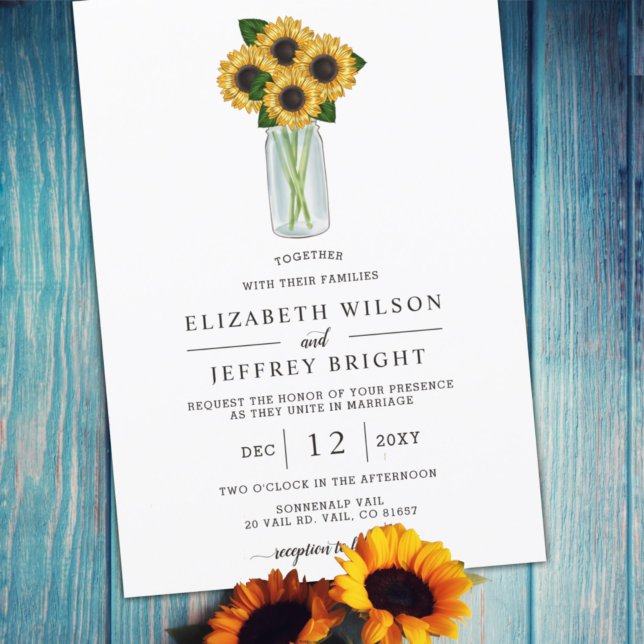 Elegant Sunflowers Mason Jar Wedding Einladung (Von Creator hochgeladen)