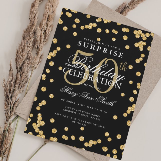 Elegant SURPRISE 50. Geburtstag Gold Black Einladung (Elegant SURPRISE 50th Birthday Gold Black Invitation)