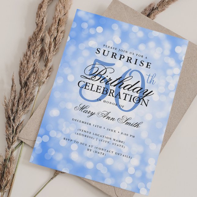 Elegant SURPRISE 50. Geburtstag Navy Blue Lights Einladung (Elegant SURPRISE 50th Birthday Navy Blue Lights Invitation)