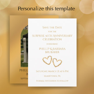 Elegant Surprise Golden 50th Anniversary Party Save The Date