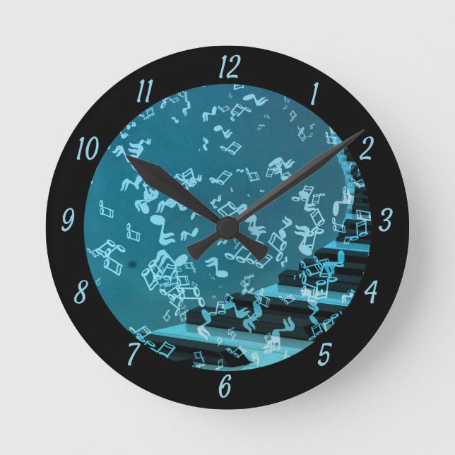 Elegant Surreal Music Notes Piano Black & Blue Runde Wanduhr (Vorderseite)