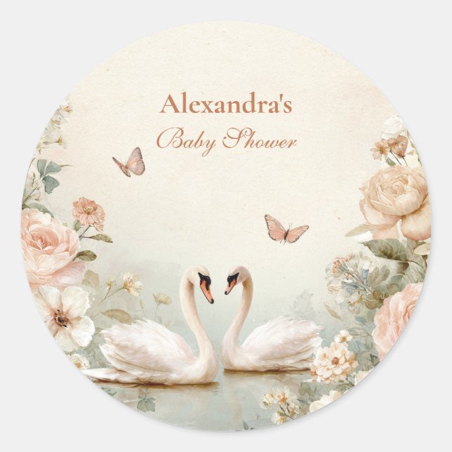 Elegant Swan Lake Floral Baby Shower Runder Aufkleber (Vorderseite)