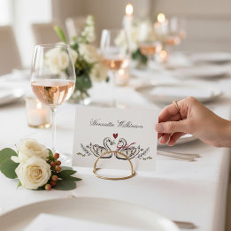 Elegant Swan Love Red Heart Script Name Place card Dankeskarte