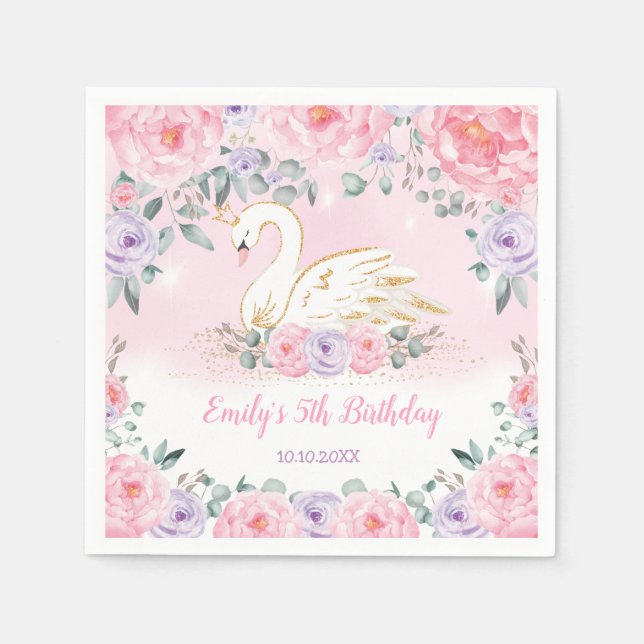 Elegant Swan Princess | Rosa Lila florales Party Serviette (Vorderseite)
