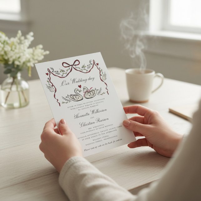 Elegant Swans Garland Red Ribbon Wedding Einladung (Von Creator hochgeladen)