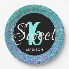 Elegant Sweet 16 Aqua Blue Glitzer Personalisiert Pappteller