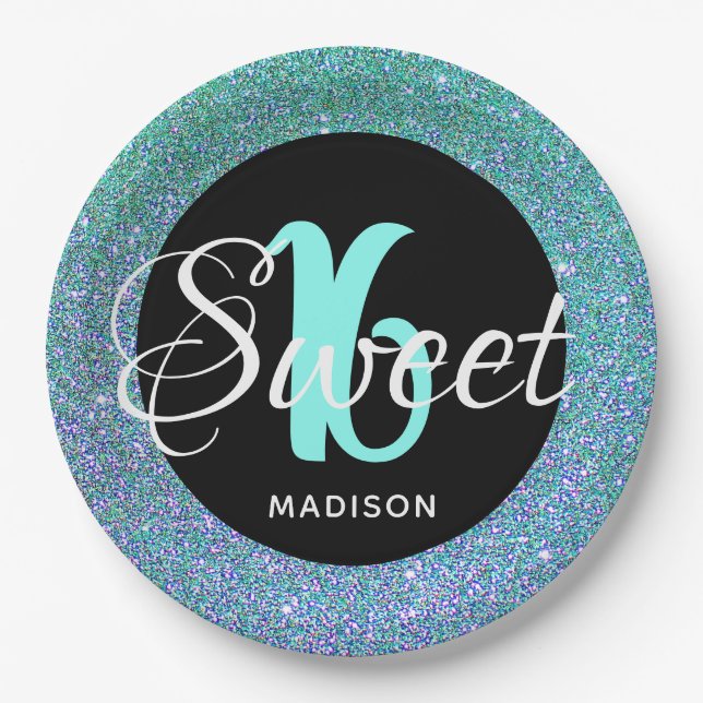 Elegant Sweet 16 Aqua Blue Glitzer Personalisiert Pappteller (Vorderseite)