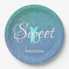 Elegant Sweet 16 Aquamarin Blue Glitzer Personalis Pappteller