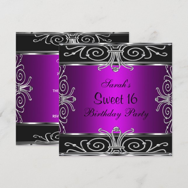 Elegant Sweet 16 Birthday Magenta Black Silver Einladung (Vorne/Hinten)