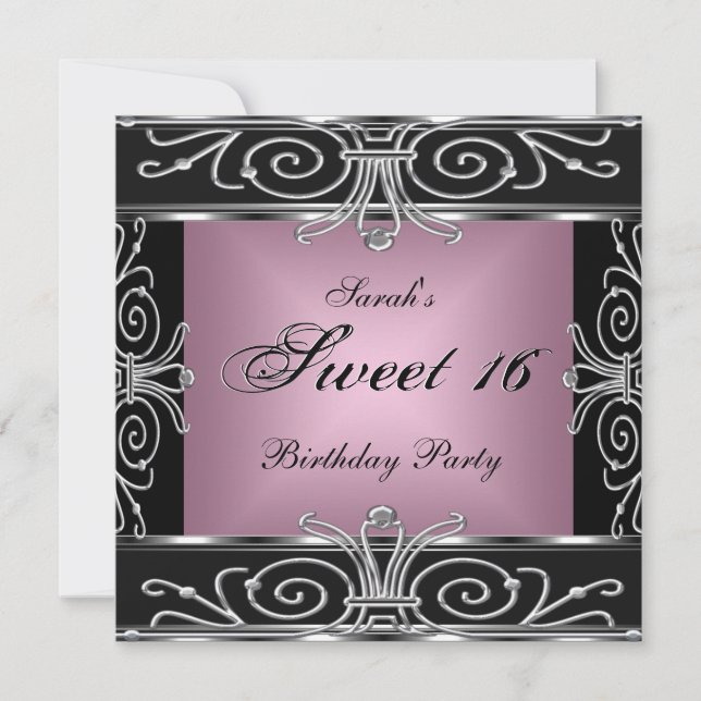 Elegant Sweet 16 Birthday Pink Black Silver Einladung (Vorderseite)