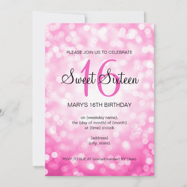 Elegant Sweet 16 Birthday Pink Glitzer Lights Einladung (Vorderseite)