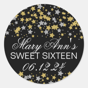 Elegant Sweet 16 Gold Silver Glitzer Star Confetti Runder Aufkleber