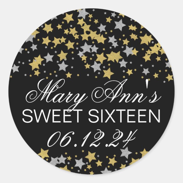 Elegant Sweet 16 Gold Silver Glitzer Star Confetti Runder Aufkleber (Vorderseite)