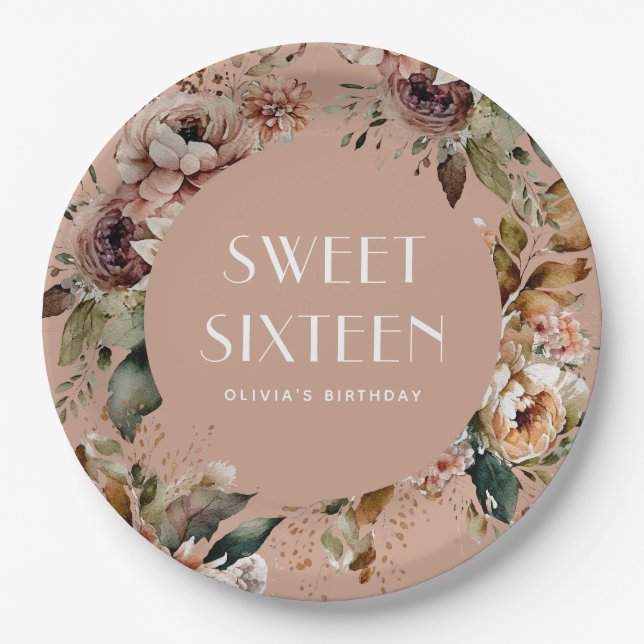 Elegant Sweet 16 Party | Chic Dusty Peach Floral Pappteller (Vorderseite)