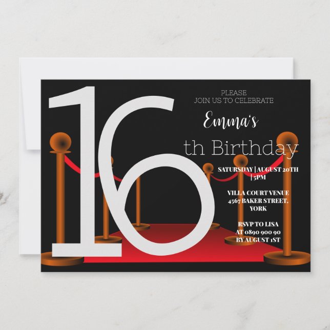 Elegant Sweet 16 Red Black Tepet Hollywood Einladung (Vorderseite)