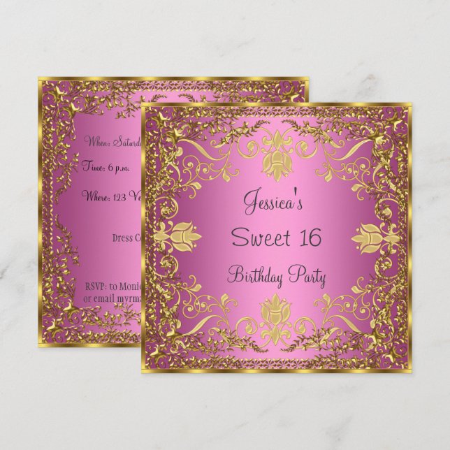 Elegant Sweet 16 Rosa Gold Einladung (Vorne/Hinten)