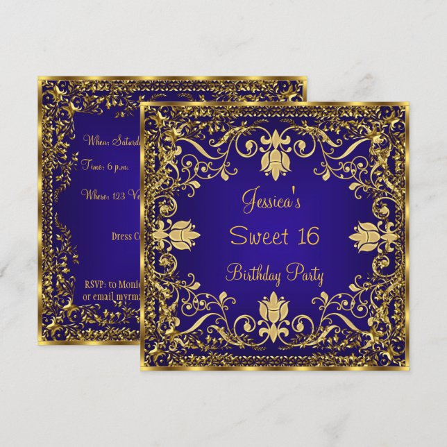 Elegant Sweet 16 Royal Blue Gold Einladung (Vorne/Hinten)