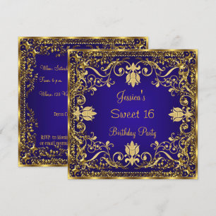 Élégant Sweet 16 Royal Blue Gold Invitation