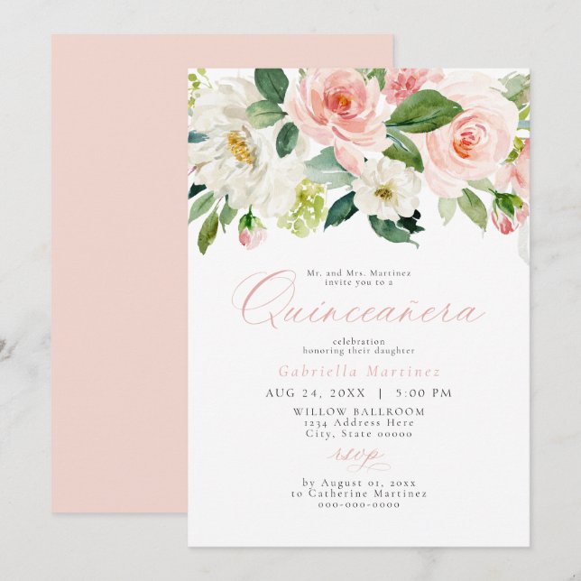 Elegant & Sweet Blush Pink Floral Quinceñera Einladung (Vorne/Hinten)