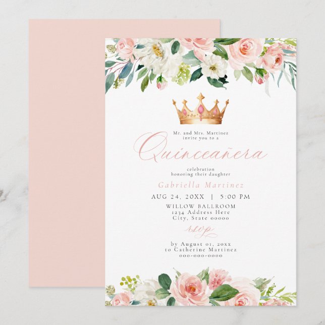 Elegant & Sweet Blush Pink Floral Quinceñera Einladung (Vorne/Hinten)