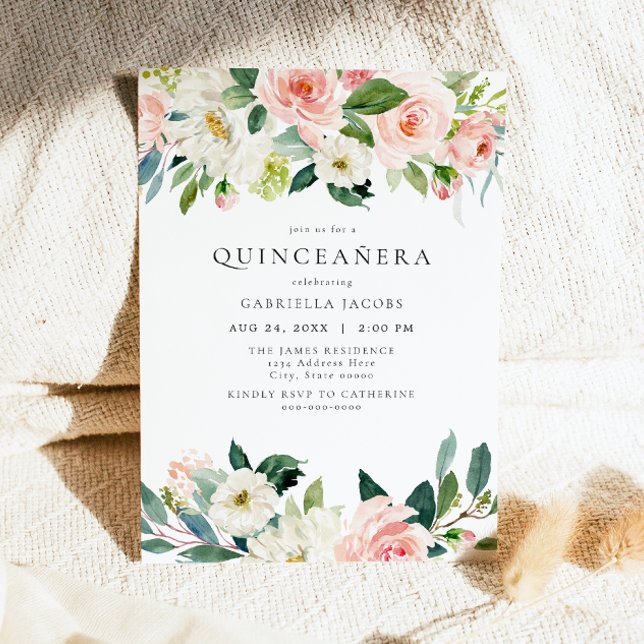 Elegant & Sweet Blush Pink Floral Quinceñera Einladung (Von Creator hochgeladen)