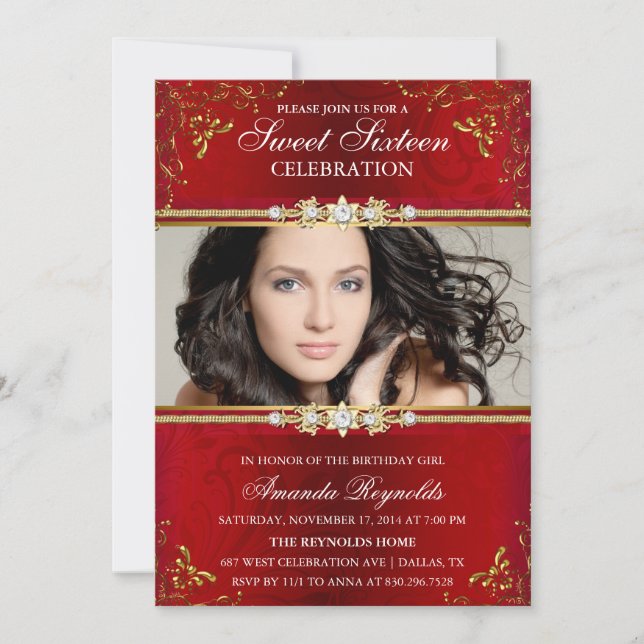 Élégant Sweet sixteen Floral Rouge & Or Invitation (Devant)