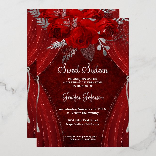 Elégant Sweet sixteen rouge Invitation (Recto/Verso)