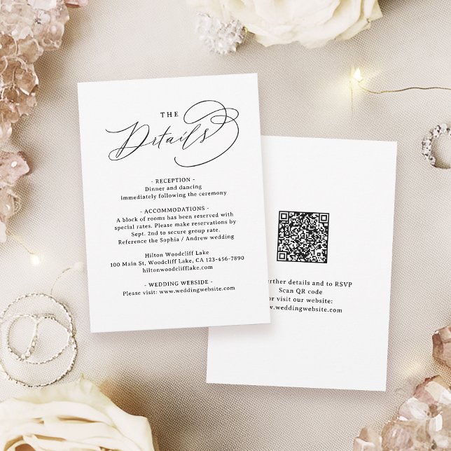 Elegant Swirl Script QR Code Wedding Details Mitteilungskarte (Elegant Swirl Script QR Code Wedding Details Note Card)