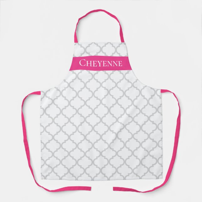 Elégant tablier de cuisine motif gris rose quatref (Recto)