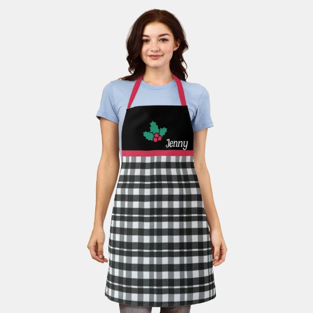 Élégant tablier de Noël Plaid - Noir & Blanc Desi (Porté)