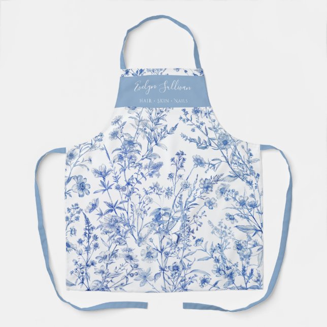 Elégant tablier fleur sauvage bleu français (Recto)