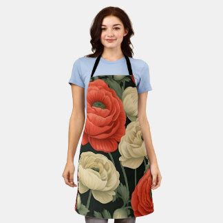 Elégant tablier floral (pêche, sauge, crème, noir)