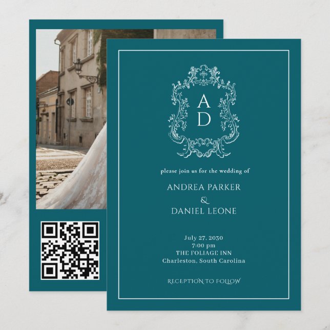 Elegant Tale Blue Engagement Party QR Code Photo Einladung (Vorne/Hinten)