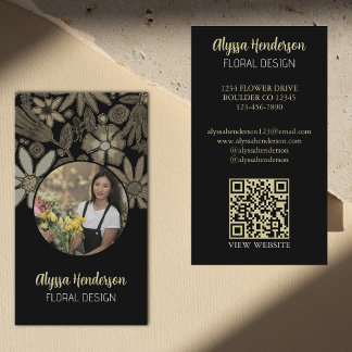 Elegant Tan & Black Floral Photo QR Code Logo Visitenkarte