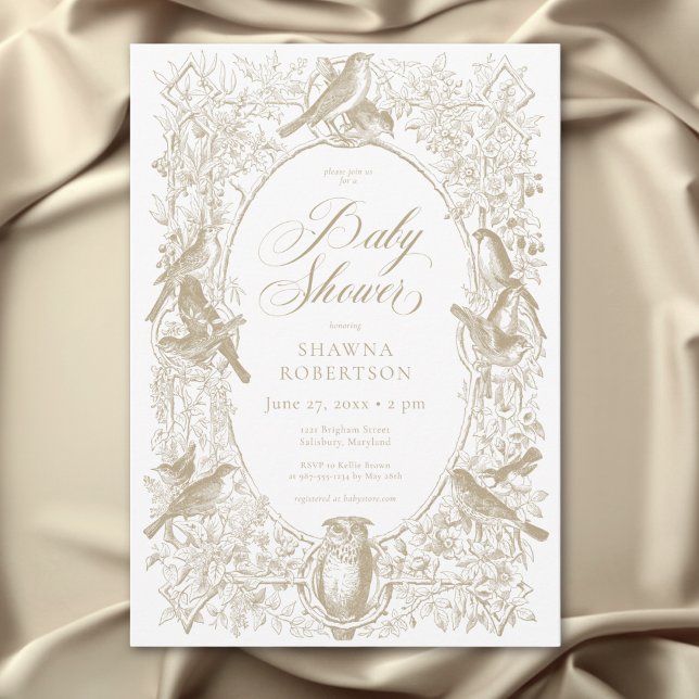 Elegant Tan Chinoiserie Nature Birds Babydusche Einladung (Elegant Tan Chinoiserie Nature Birds Baby Shower Invitation)