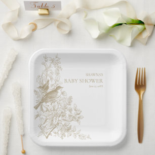 Elegant Tan Chinoiserie Nature Birds Babydusche Pappteller