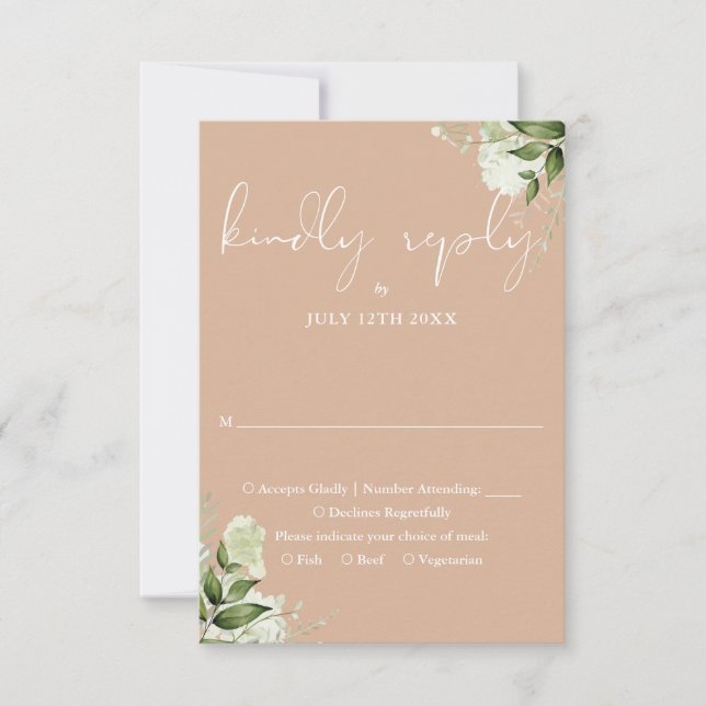 Elegant Tan Greenery Floral Wedding RSVP Karte (Vorderseite)