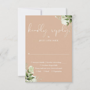 Elegant Tan Greenery Floral Wedding RSVP Karte