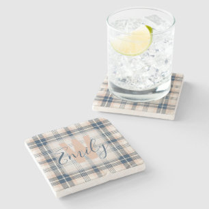 Elegant Tartan Blue Cream Monogram Steinuntersetzer