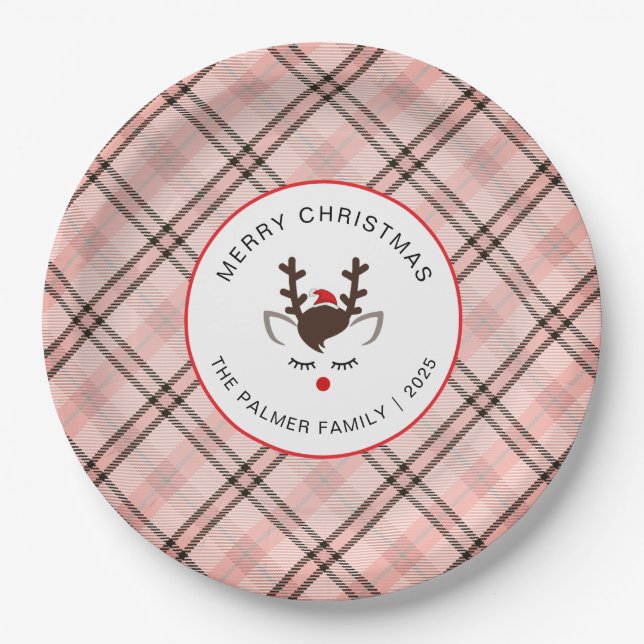 Elegant Tartan Plaid & Reindeer Christmas Family Pappteller (Vorderseite)